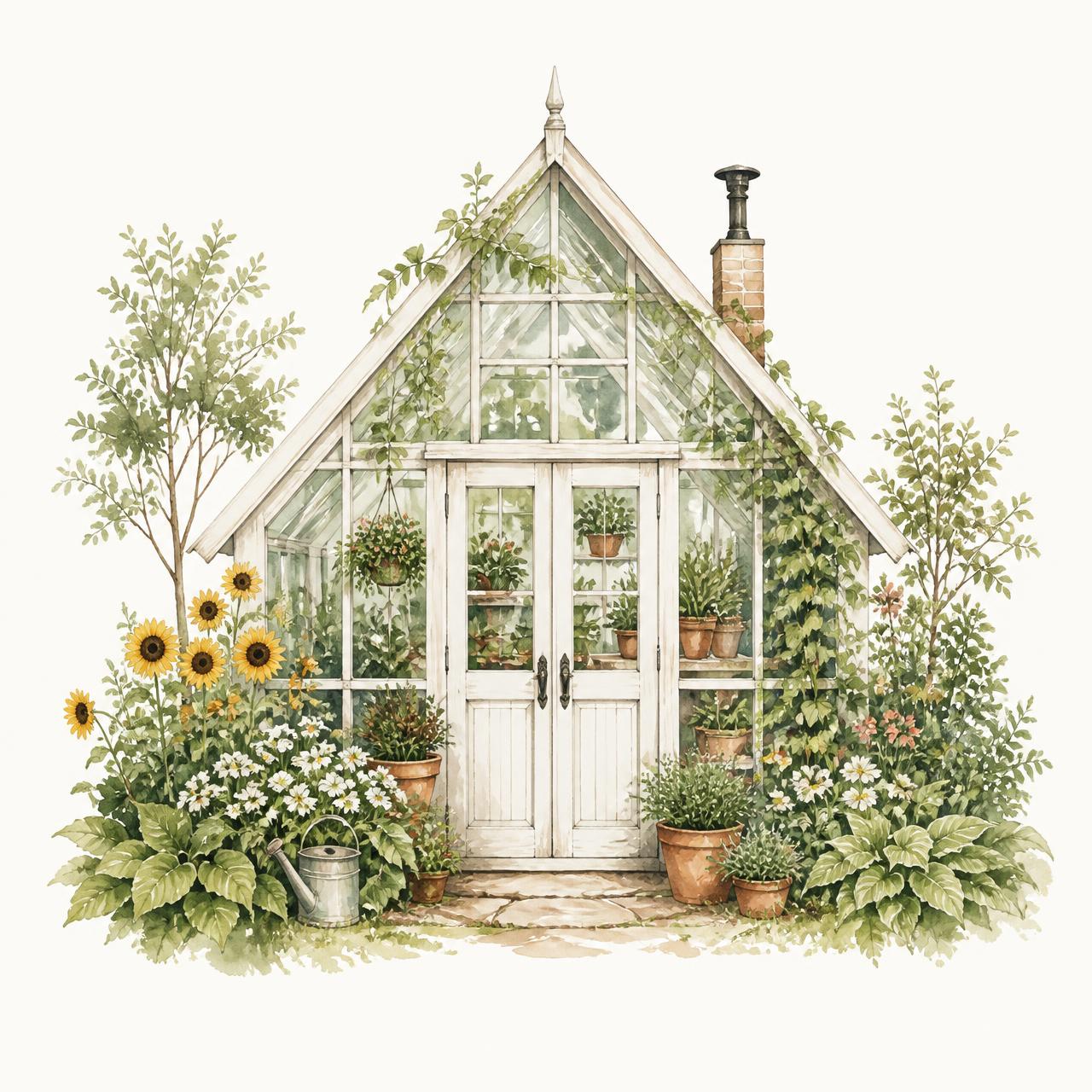 Watercolor illustration of a glass greenhouse surrounded by potted plants and West Virginia hills